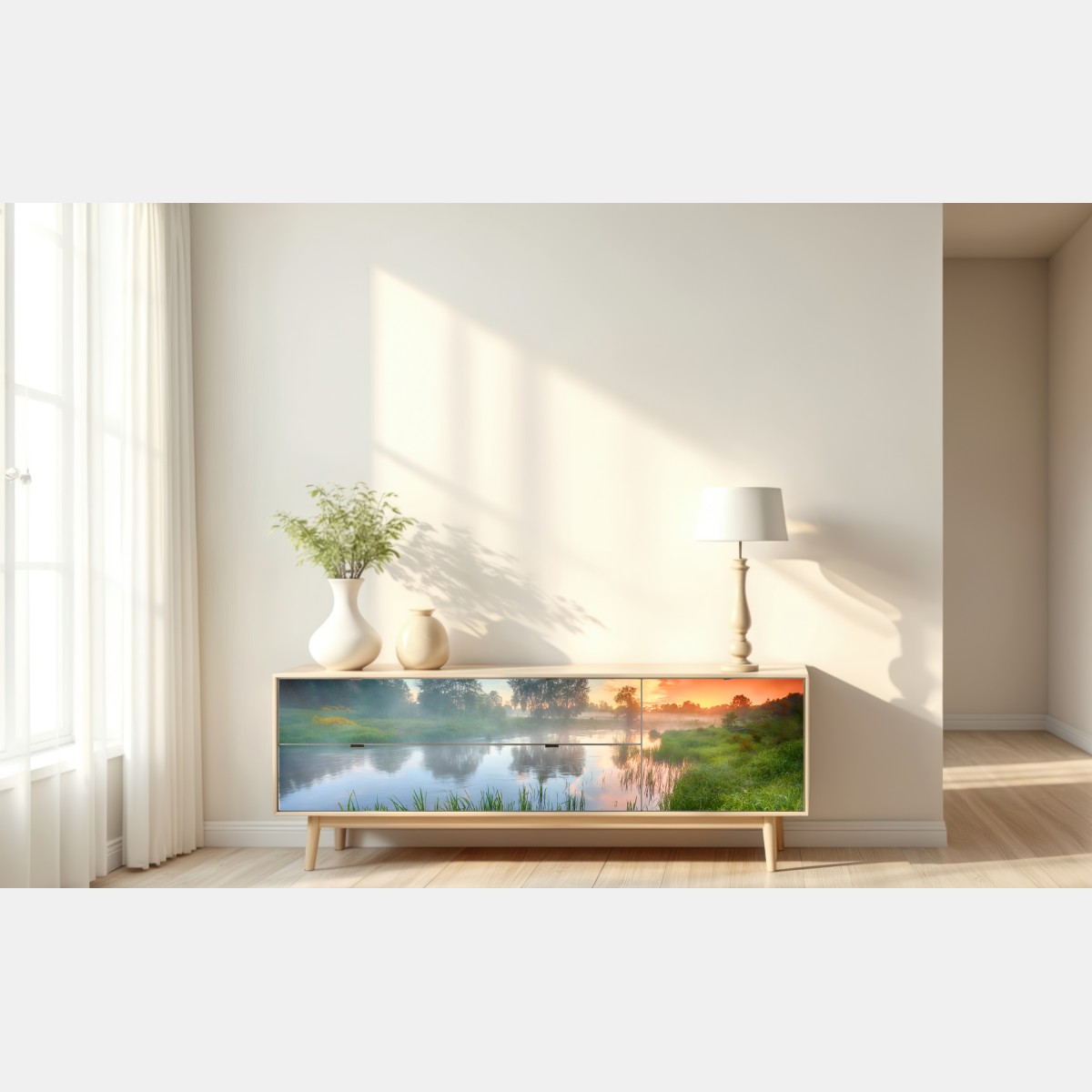 Naklejka repozycjonowalna mglista rzeka o wschodzie słońca nad zielonymi brzegami – Wallissimo® Naklejka repozycjonowalna mglista rzeka o wschodzie słońca nad zielonymi brzegami – Wallissimo®