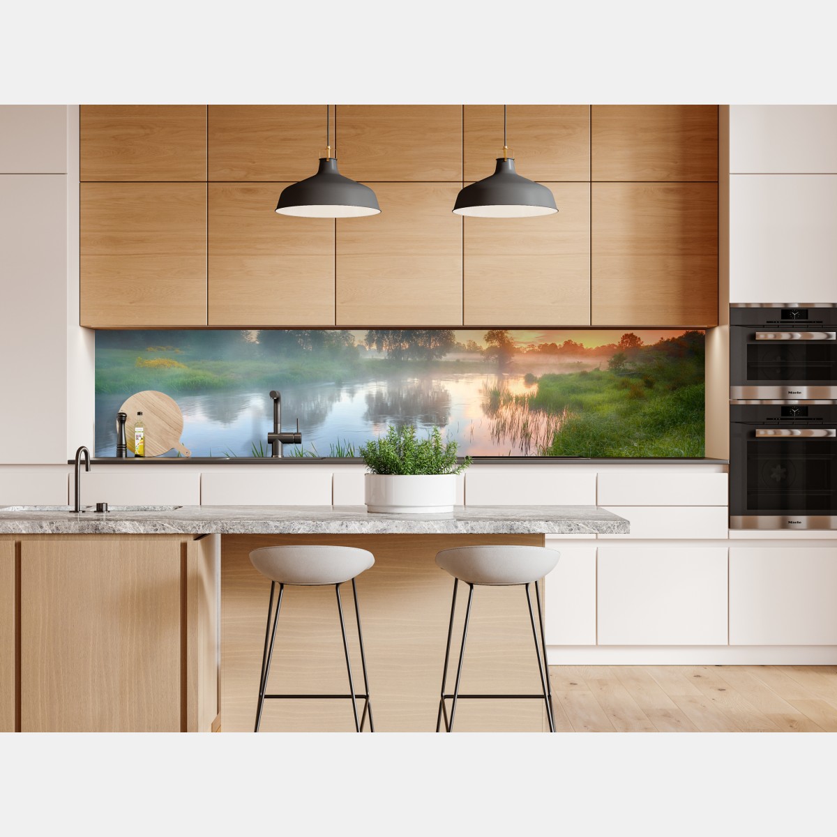 Naklejka repozycjonowalna mglista rzeka o wschodzie słońca nad zielonymi brzegami – Wallissimo® Naklejka repozycjonowalna mglista rzeka o wschodzie słońca nad zielonymi brzegami – Wallissimo®