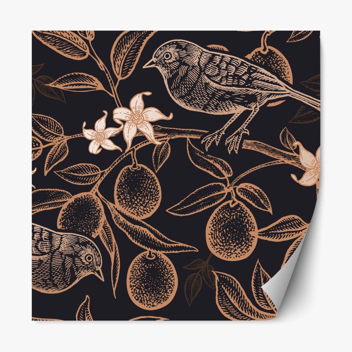 Repositionable sticker vintage bird and citrus botanical pattern