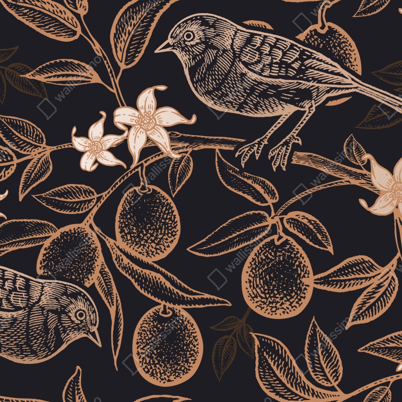 Naklejka repozycjonowalna vintage wzór ptaków i cytrusów – Wallissimo® Naklejka repozycjonowalna vintage wzór ptaków i cytrusów – Wallissimo®