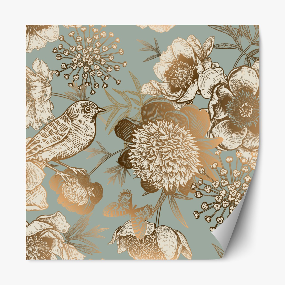 Repositionable sticker vintage botanical floral print with bird