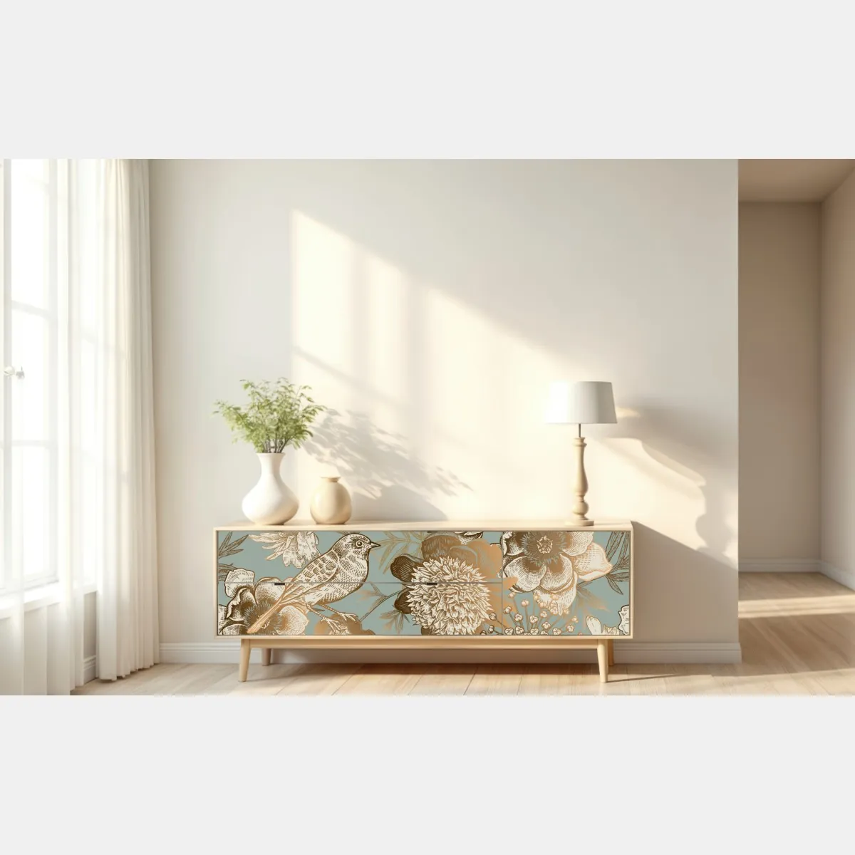 Naklejka repozycjonowalna vintage botaniczny motyw kwiatowy z ptakiem – Wallissimo® Naklejka repozycjonowalna vintage botaniczny motyw kwiatowy z ptakiem – Wallissimo®