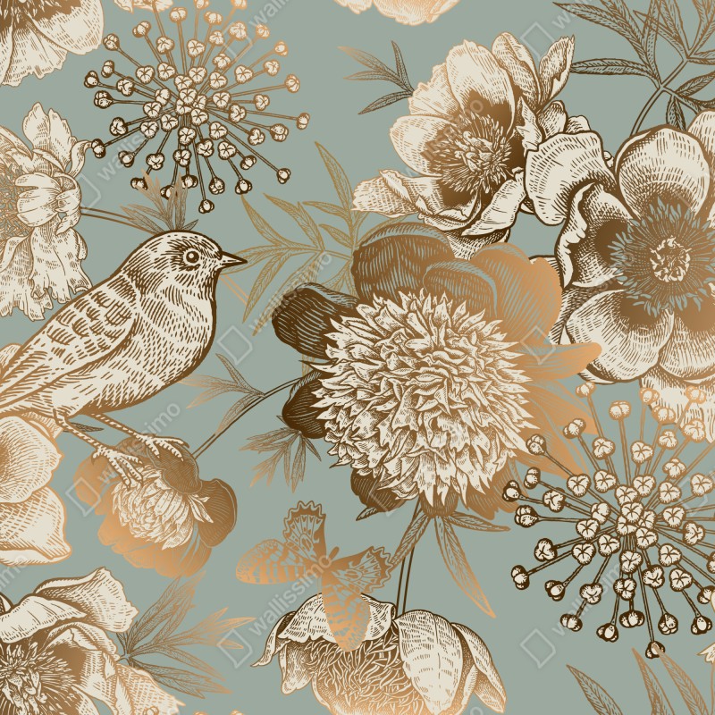 Naklejka repozycjonowalna vintage botaniczny motyw kwiatowy z ptakiem – Wallissimo® Naklejka repozycjonowalna vintage botaniczny motyw kwiatowy z ptakiem – Wallissimo®
