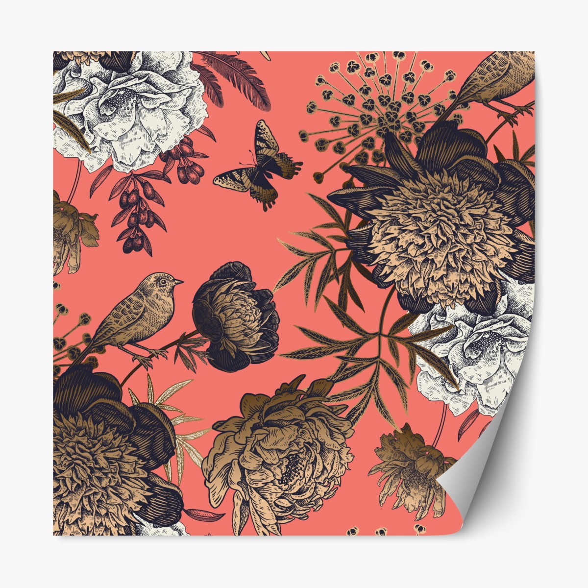 Repositionable sticker vintage floral bird pattern on coral background
