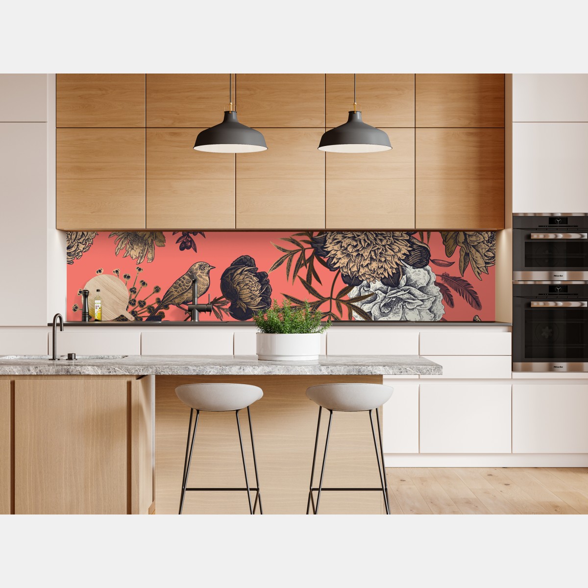 Naklejka repozycjonowalna vintage wzór kwiatowy z ptakami na koralowym tle – Wallissimo® Naklejka repozycjonowalna vintage wzór kwiatowy z ptakami na koralowym tle – Wallissimo®