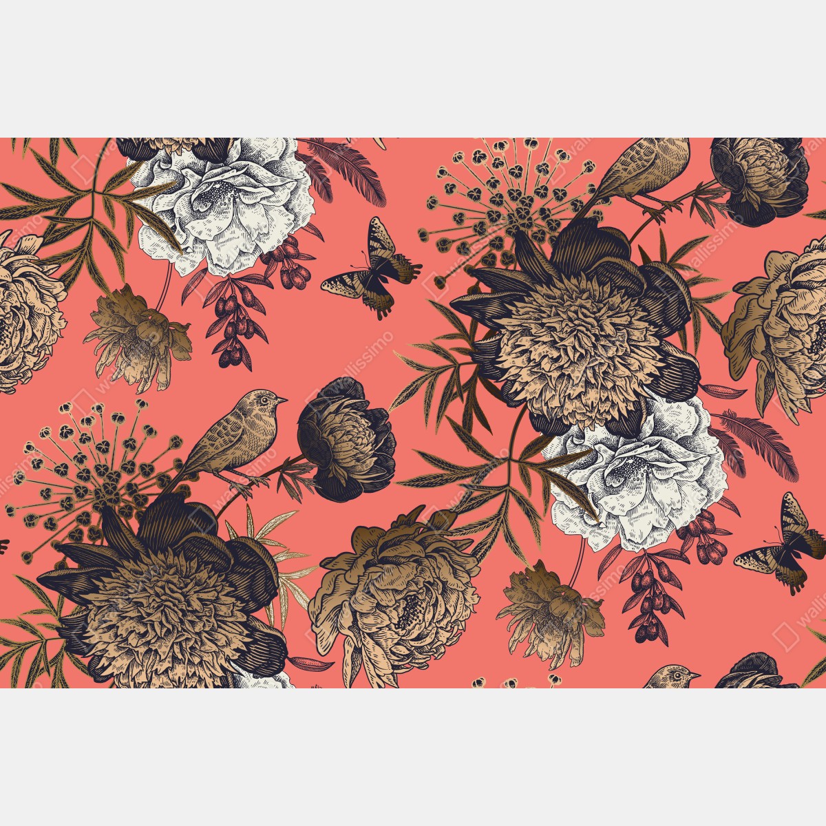 Naklejka repozycjonowalna vintage wzór kwiatowy z ptakami na koralowym tle – Wallissimo® Naklejka repozycjonowalna vintage wzór kwiatowy z ptakami na koralowym tle – Wallissimo®