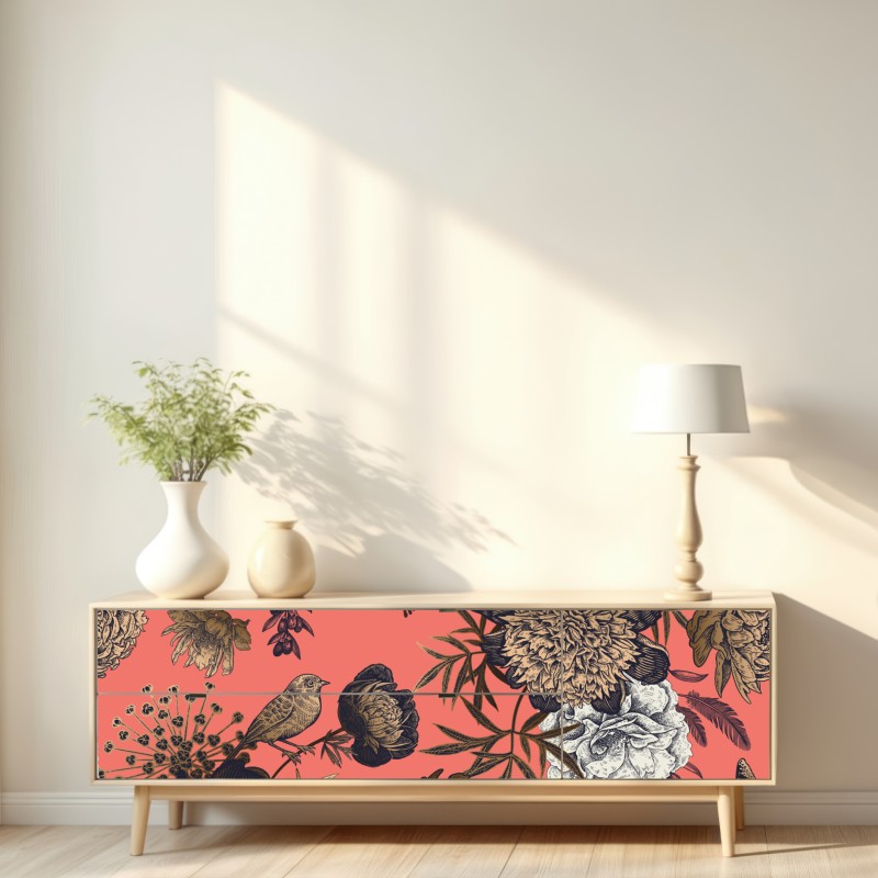 Naklejka repozycjonowalna vintage wzór kwiatowy z ptakami na koralowym tle – Wallissimo® Naklejka repozycjonowalna vintage wzór kwiatowy z ptakami na koralowym tle – Wallissimo®