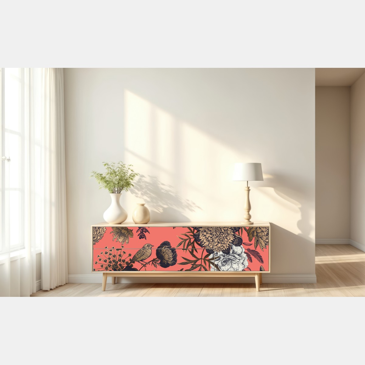 Naklejka repozycjonowalna vintage wzór kwiatowy z ptakami na koralowym tle – Wallissimo® Naklejka repozycjonowalna vintage wzór kwiatowy z ptakami na koralowym tle – Wallissimo®