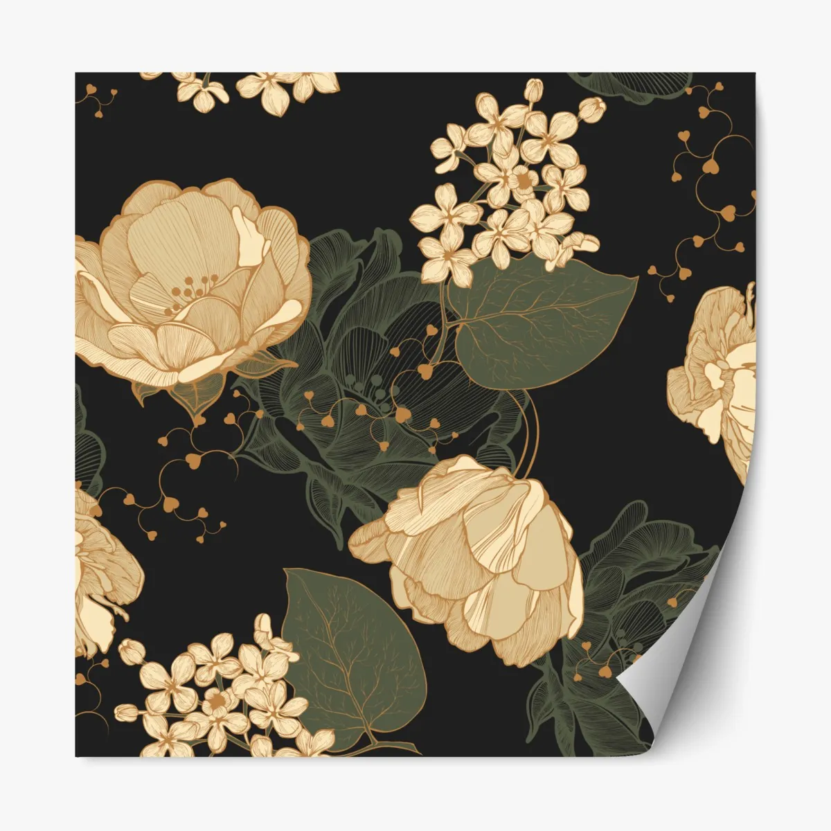 Naklejka repozycjonowalna złote piwonie na ciemnym botanicznym tle – Wallissimo® Naklejka repozycjonowalna złote piwonie na ciemnym botanicznym tle – Wallissimo®