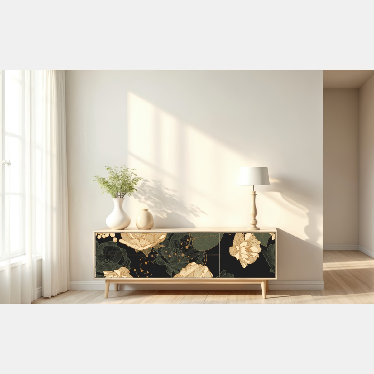 Naklejka repozycjonowalna złote piwonie na ciemnym botanicznym tle – Wallissimo® Naklejka repozycjonowalna złote piwonie na ciemnym botanicznym tle – Wallissimo®