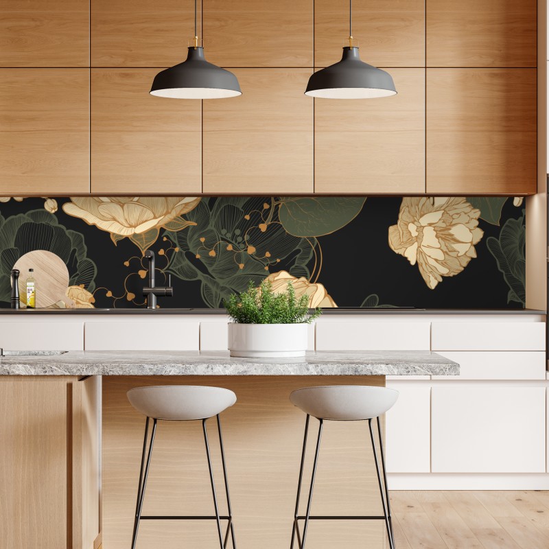 Naklejka repozycjonowalna złote piwonie na ciemnym botanicznym tle – Wallissimo® Naklejka repozycjonowalna złote piwonie na ciemnym botanicznym tle – Wallissimo®