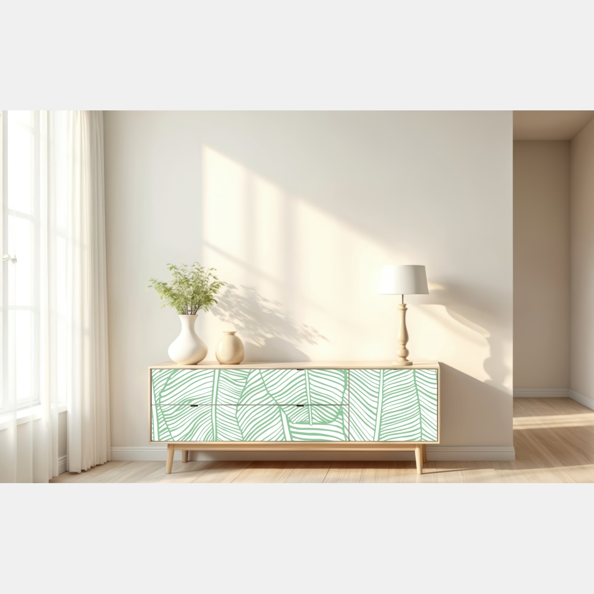Naklejka repozycjonowalna miętowy wzór liści bananowca – Wallissimo® Naklejka repozycjonowalna miętowy wzór liści bananowca – Wallissimo®