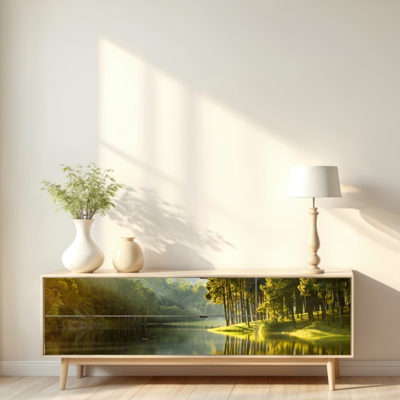 Naklejka repozycjonowalna spokojny las sosnowy nad cichym jeziorem – Wallissimo® Naklejka repozycjonowalna spokojny las sosnowy nad cichym jeziorem – Wallissimo®