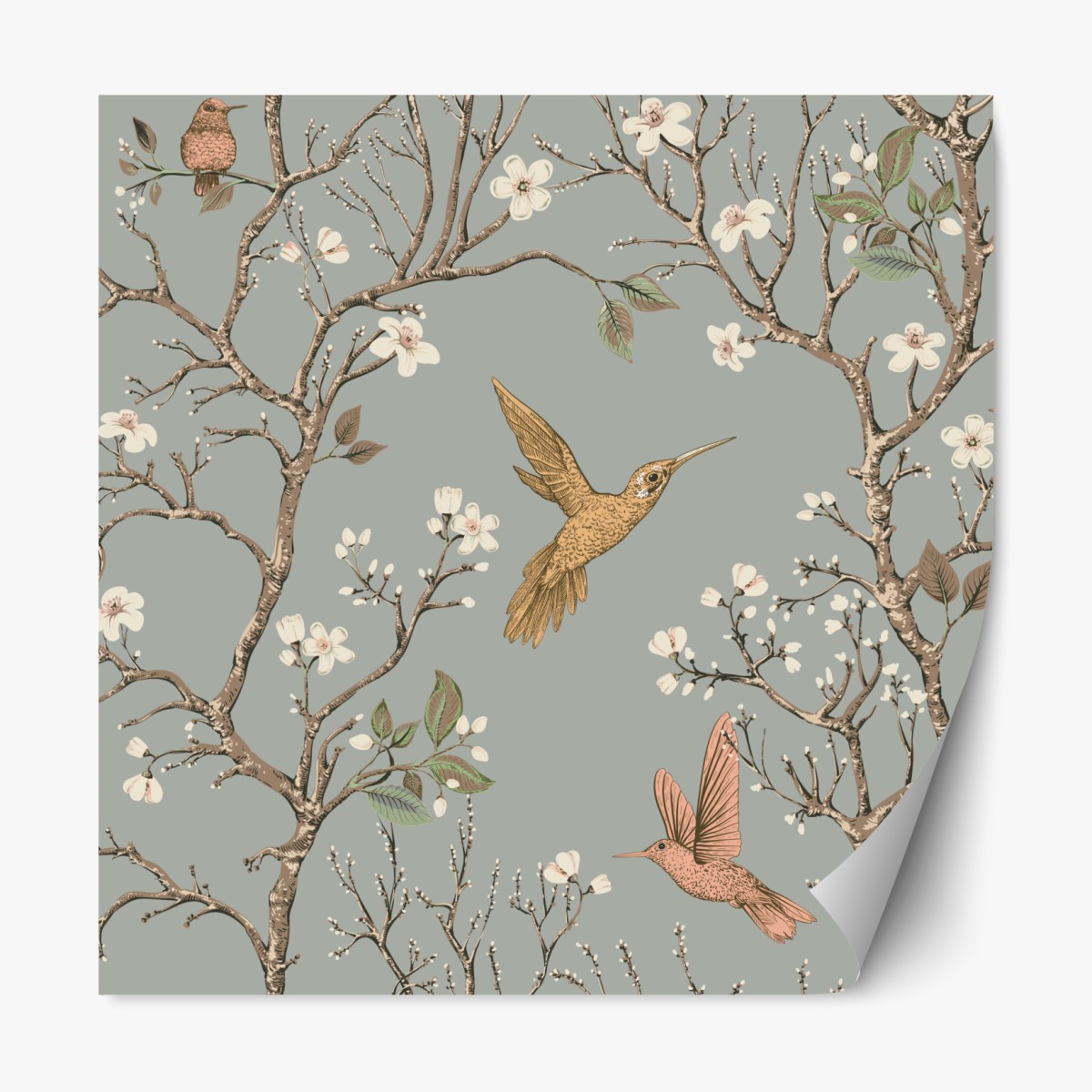 Repositionable sticker vintage hummingbird blossom pattern