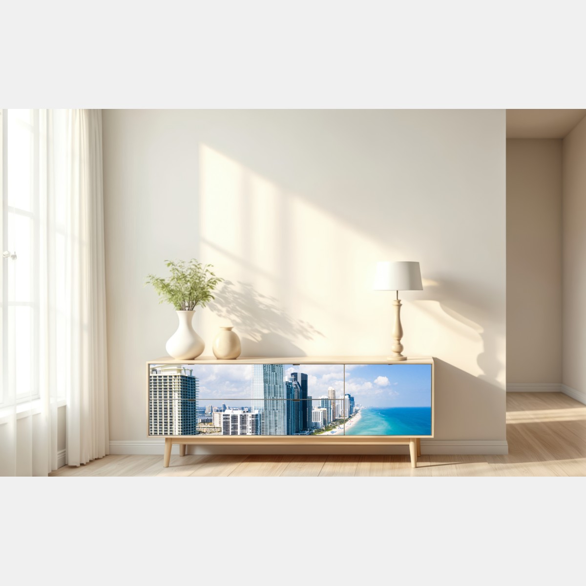 Naklejka repozycjonowalna turkusowa linia brzegowa z wieżowcami – Wallissimo® Naklejka repozycjonowalna turkusowa linia brzegowa z wieżowcami – Wallissimo®