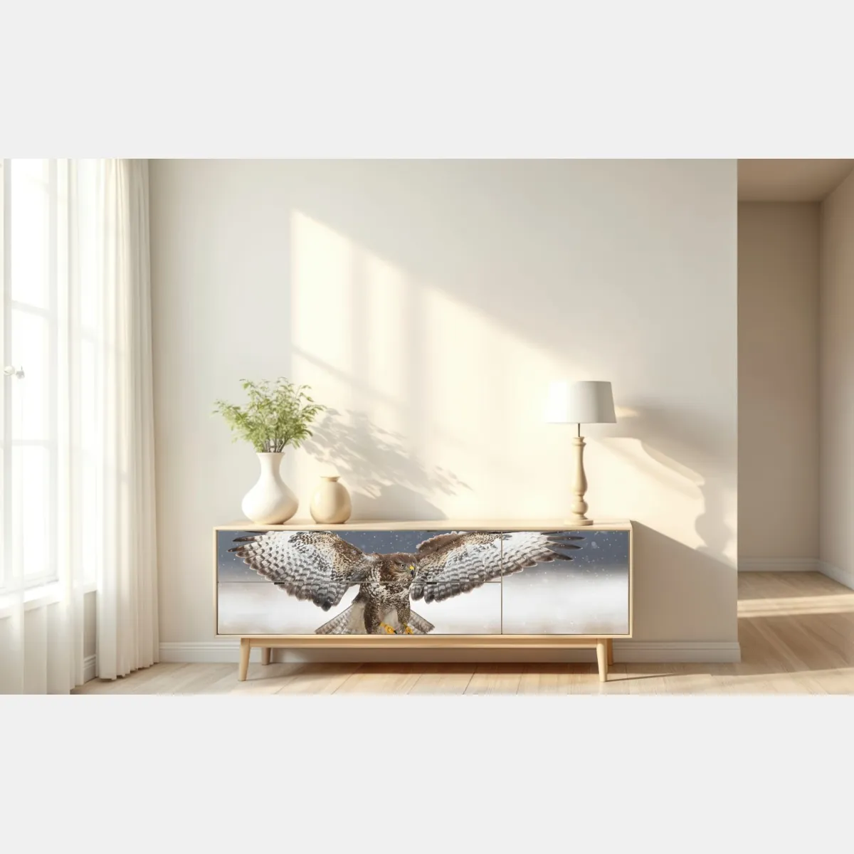 Naklejka repozycjonowalna myszołów lądujący na śniegu – Wallissimo® Naklejka repozycjonowalna myszołów lądujący na śniegu – Wallissimo®