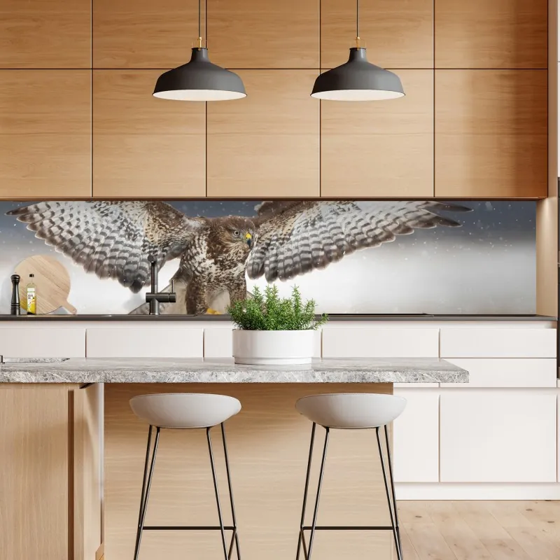 Naklejka repozycjonowalna myszołów lądujący na śniegu – Wallissimo® Naklejka repozycjonowalna myszołów lądujący na śniegu – Wallissimo®