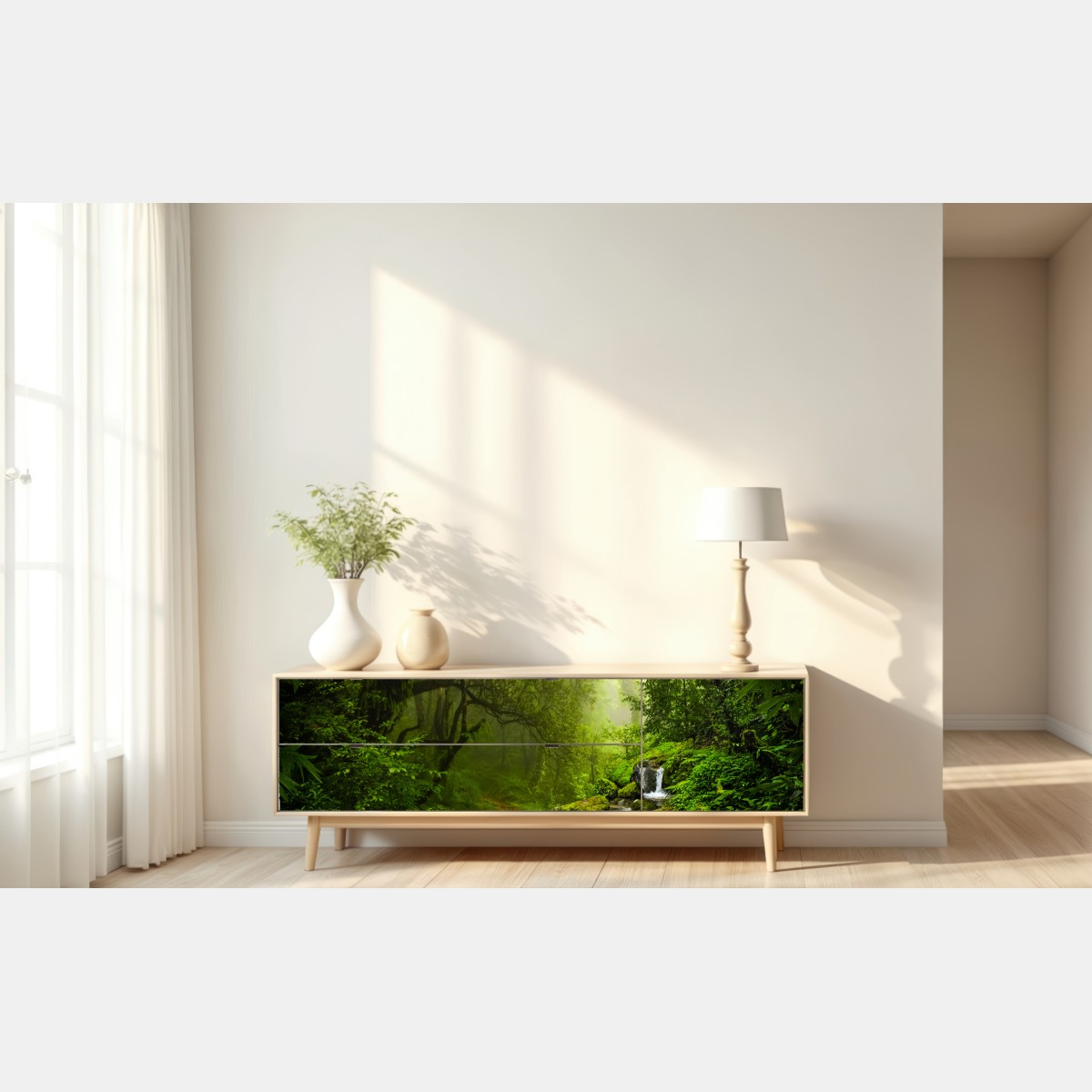 Naklejka repozycjonowalna bujny mglisty leśny wodospad – Wallissimo® Naklejka repozycjonowalna bujny mglisty leśny wodospad – Wallissimo®