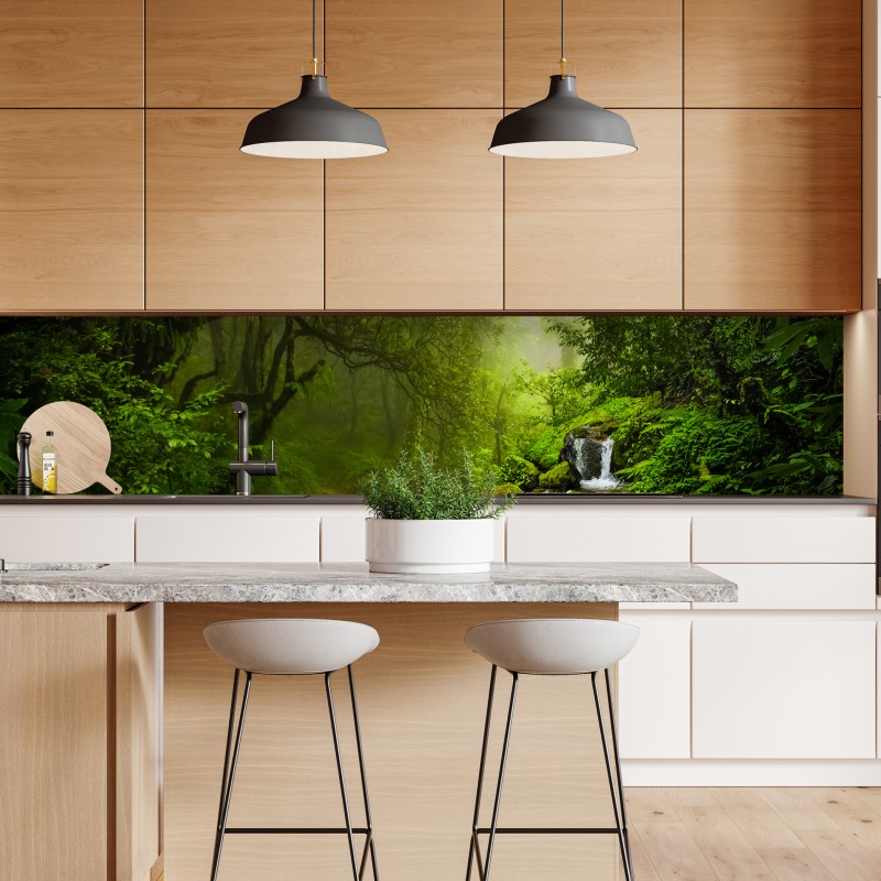 Naklejka repozycjonowalna bujny mglisty leśny wodospad – Wallissimo® Naklejka repozycjonowalna bujny mglisty leśny wodospad – Wallissimo®