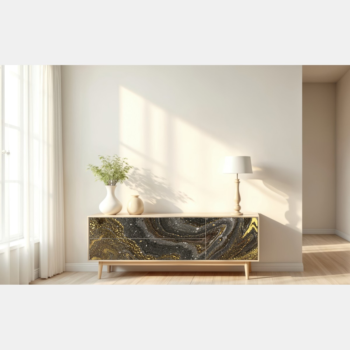 Naklejka repozycjonowalna złoto-czarny marmurowy wir abstrakcyjny – Wallissimo® Naklejka repozycjonowalna złoto-czarny marmurowy wir abstrakcyjny – Wallissimo®