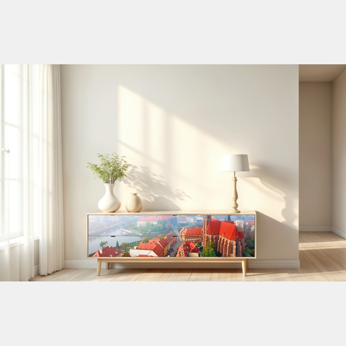 Naklejka repozycjonowalna mglista panorama europejskiego miasta z czerwonymi dachami – Wallissimo® Naklejka repozycjonowalna mglista panorama europejskiego miasta z czerwonymi dachami – Wallissimo®