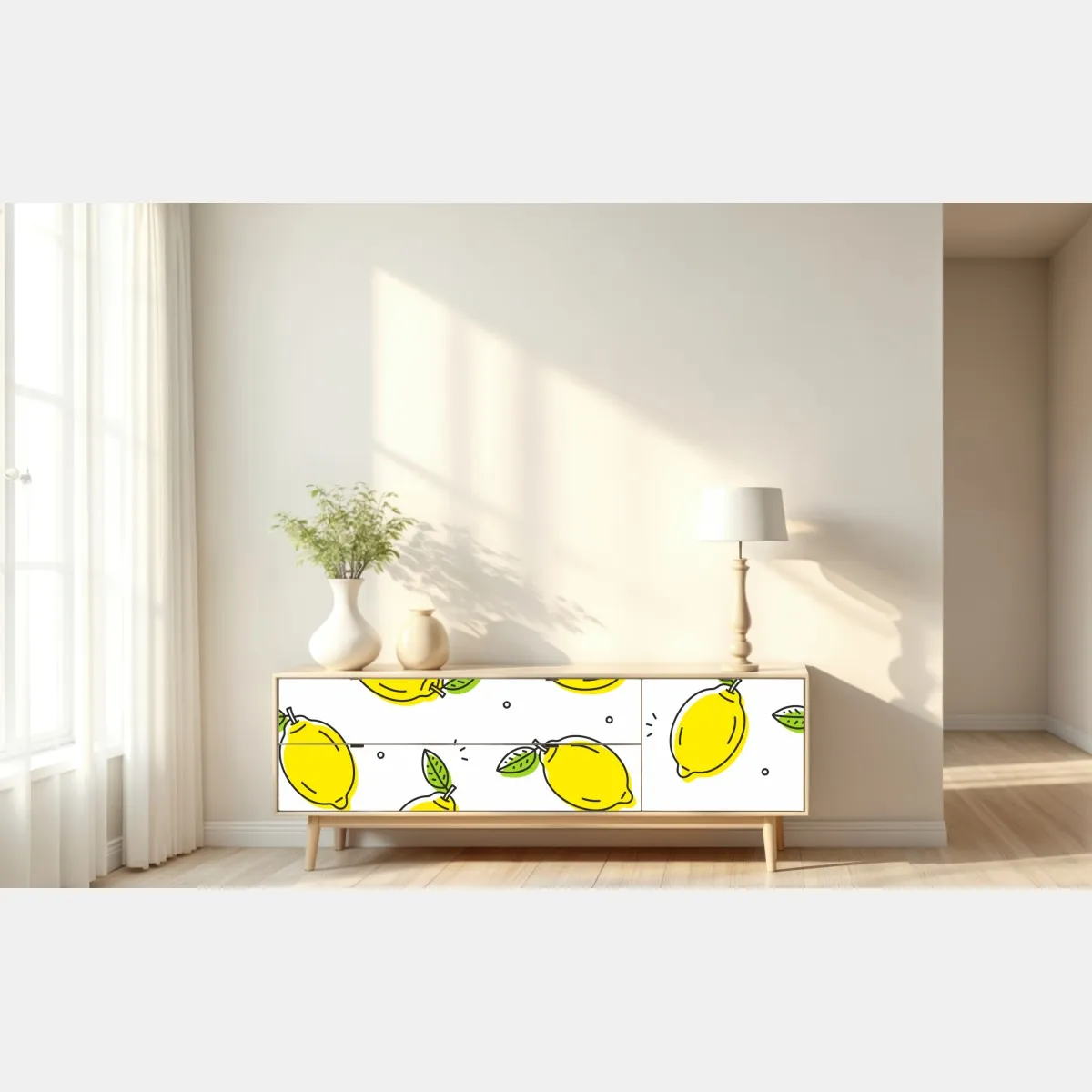 Naklejka repozycjonowalna słoneczny wzór z cytrynami – Wallissimo® Naklejka repozycjonowalna słoneczny wzór z cytrynami – Wallissimo®