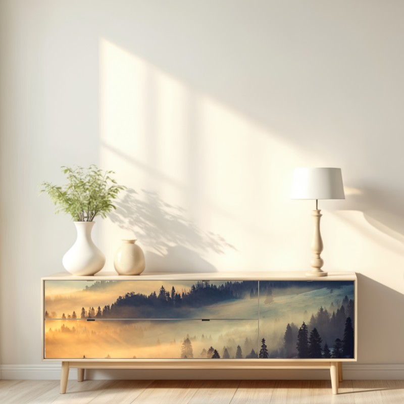 Naklejka repozycjonowalna mglisty górski las o wschodzie słońca – Wallissimo® Naklejka repozycjonowalna mglisty górski las o wschodzie słońca – Wallissimo®