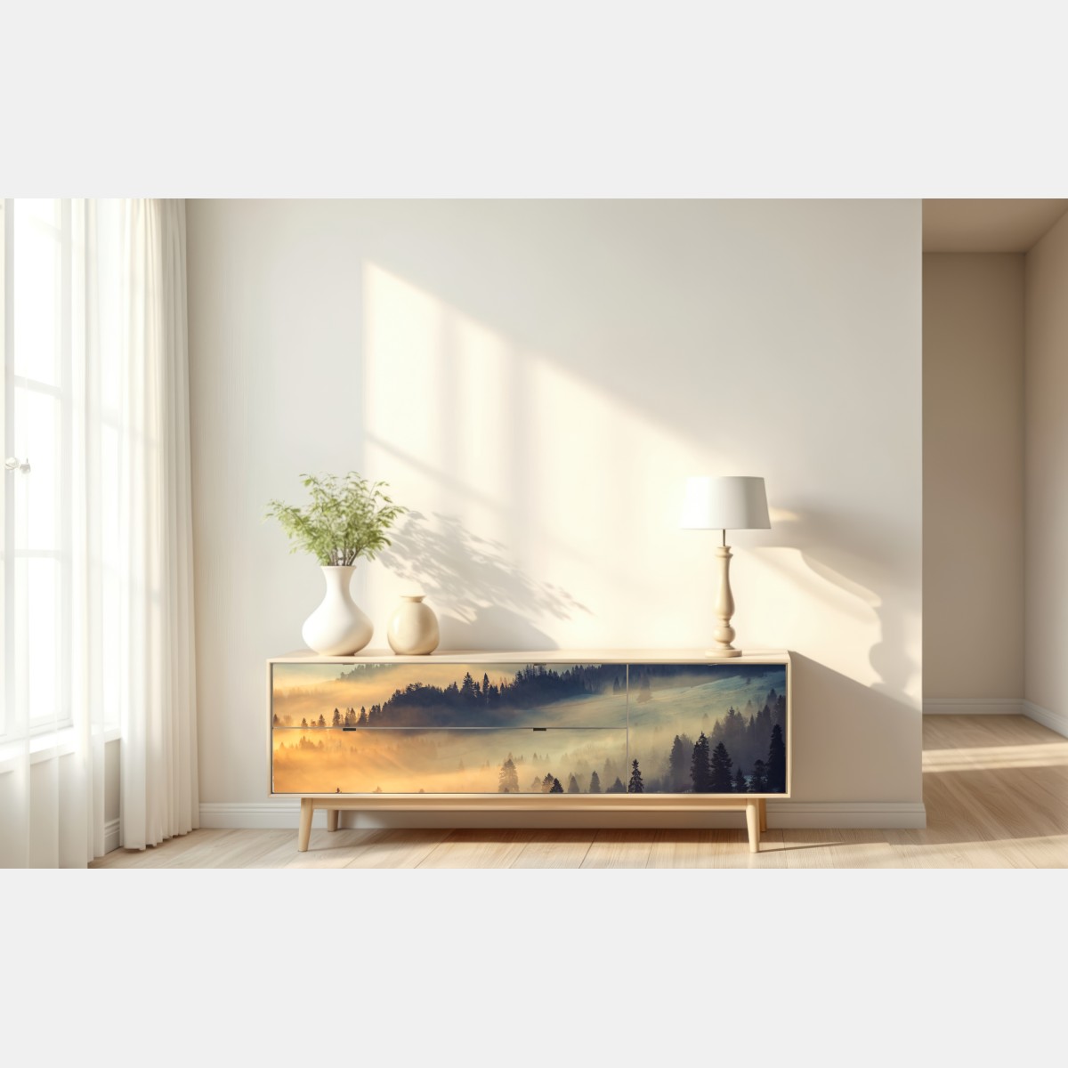 Naklejka repozycjonowalna mglisty górski las o wschodzie słońca – Wallissimo® Naklejka repozycjonowalna mglisty górski las o wschodzie słońca – Wallissimo®