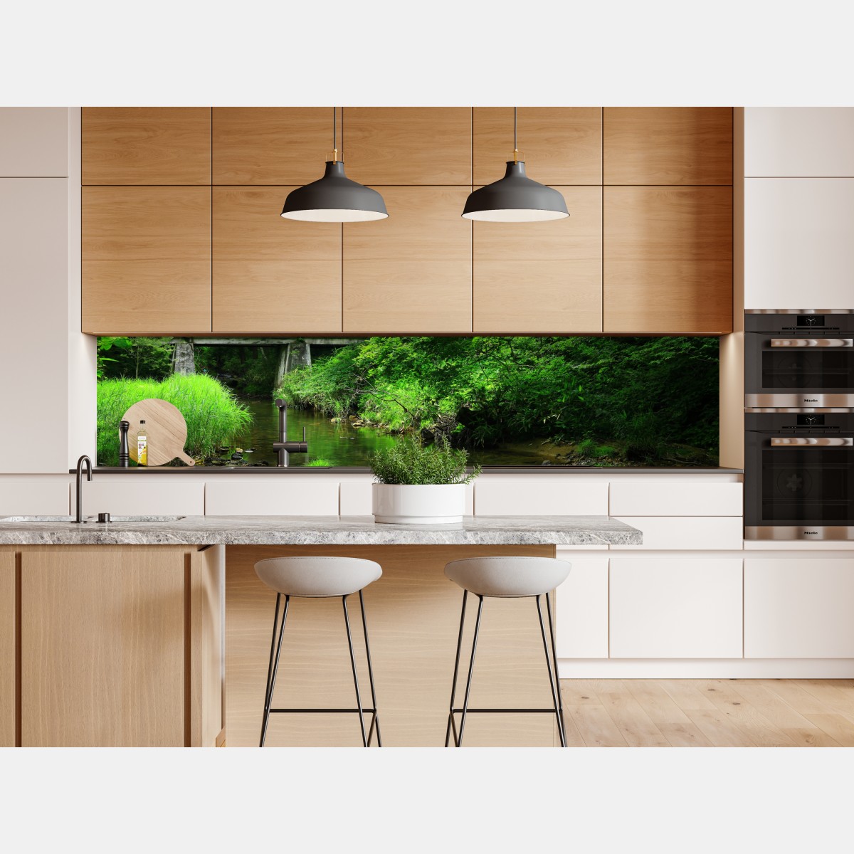 Naklejka repozycjonowalna bujny zielony las z strumieniem i kamiennym mostem – Wallissimo® Naklejka repozycjonowalna bujny zielony las z strumieniem i kamiennym mostem – Wallissimo®