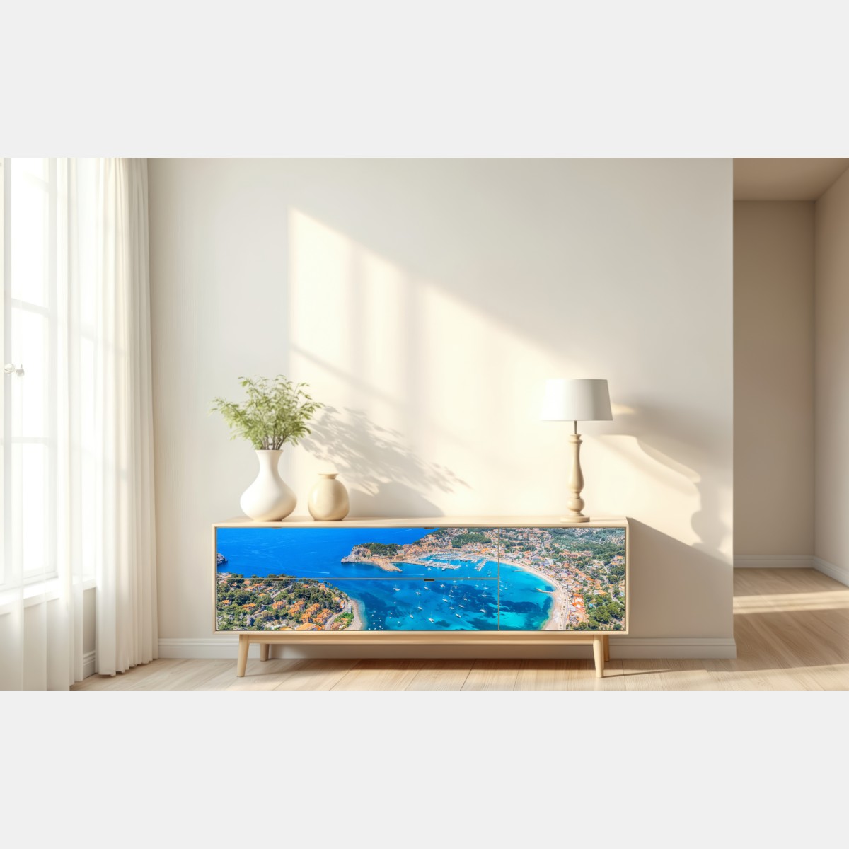 Naklejka repozycjonowalna widok z lotu ptaka na zatokę Port de Sóller – Wallissimo® Naklejka repozycjonowalna widok z lotu ptaka na zatokę Port de Sóller – Wallissimo®