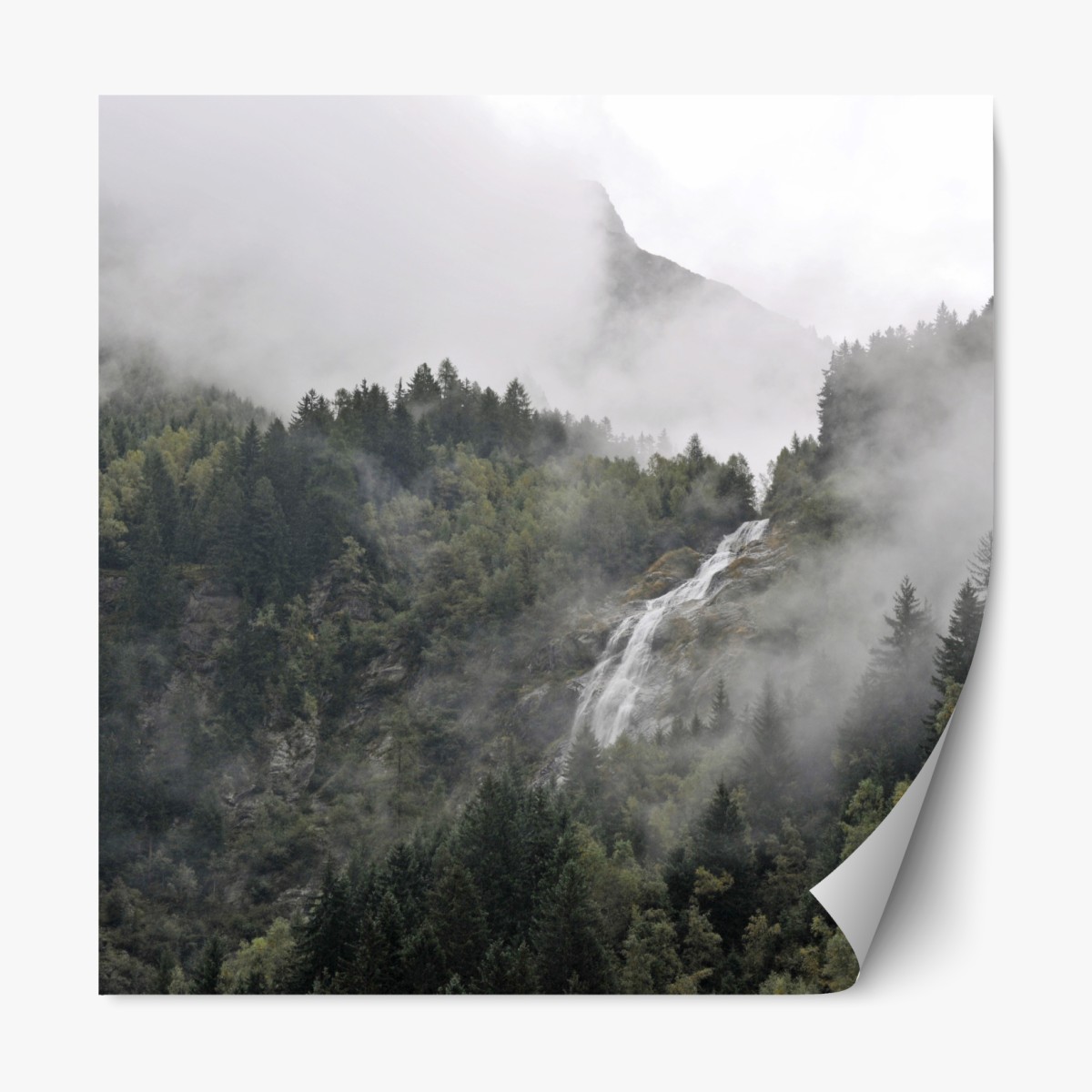 Repositionable sticker misty mountain waterfall