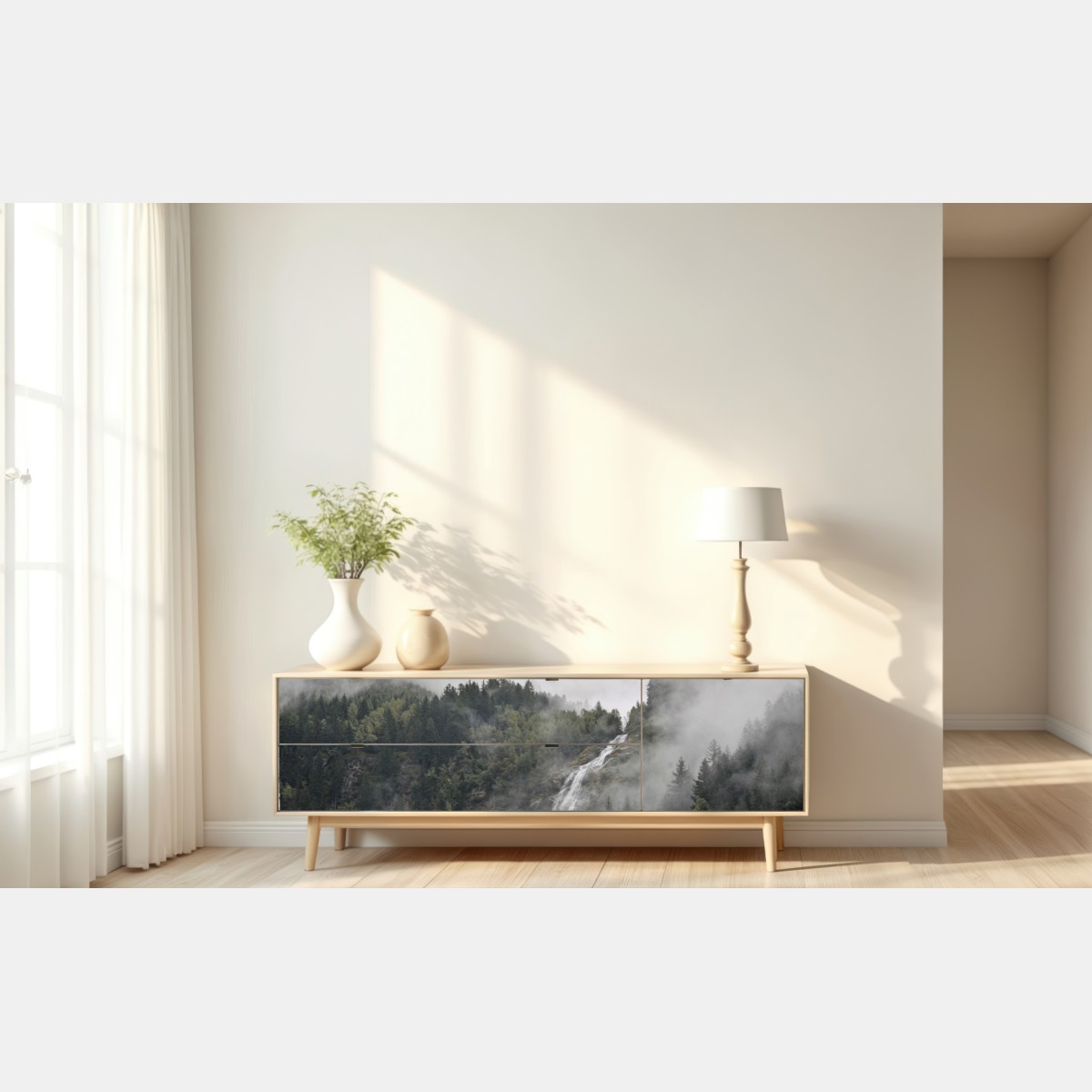 Naklejka repozycjonowalna mglisty wodospad w górskim lesie – Wallissimo® Naklejka repozycjonowalna mglisty wodospad w górskim lesie – Wallissimo®