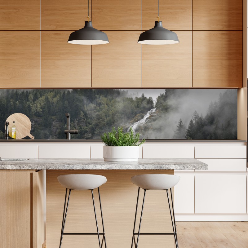 Naklejka repozycjonowalna mglisty wodospad w górskim lesie – Wallissimo® Naklejka repozycjonowalna mglisty wodospad w górskim lesie – Wallissimo®