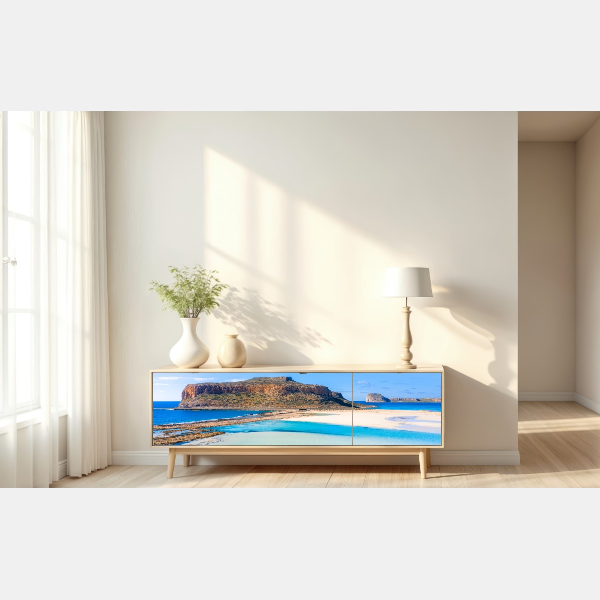 Naklejka repozycjonowalna turkusowa laguna z skalistą wyspą – Wallissimo® Naklejka repozycjonowalna turkusowa laguna z skalistą wyspą – Wallissimo®