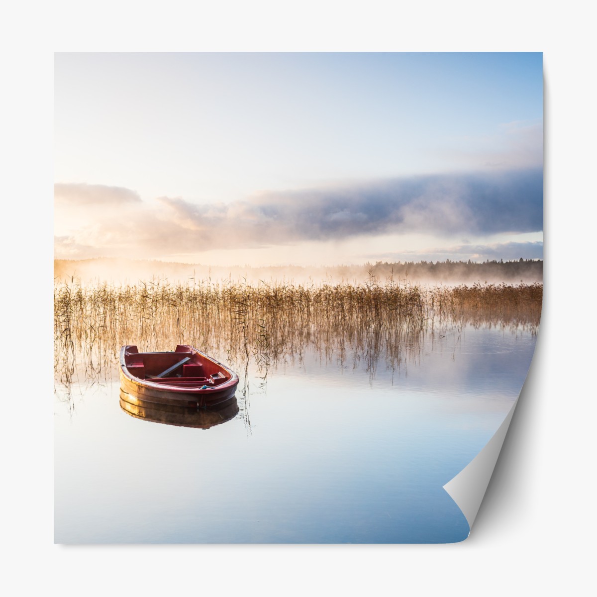 Repositionable sticker misty morning lake with red boat