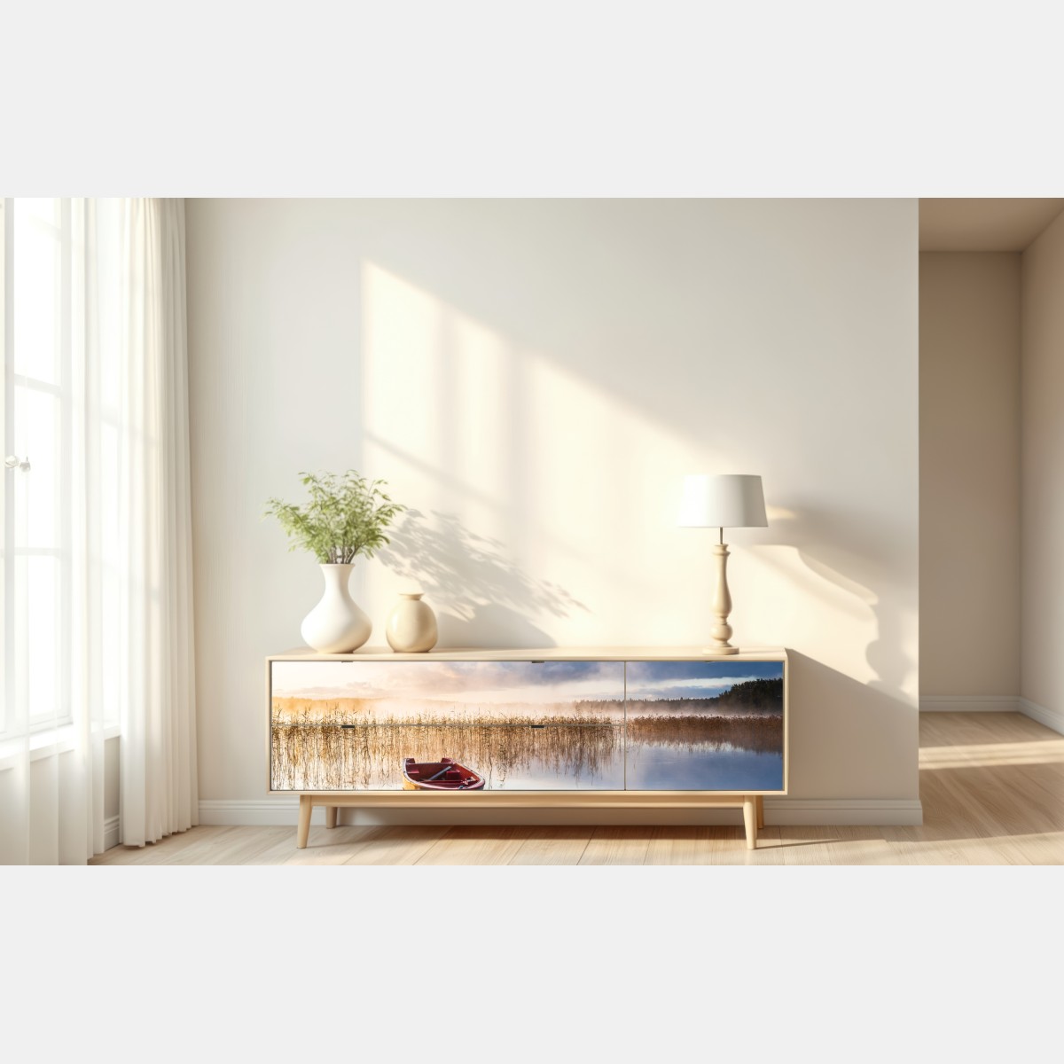 Naklejka repozycjonowalna mglisty poranek nad jeziorem z czerwoną łódką – Wallissimo® Naklejka repozycjonowalna mglisty poranek nad jeziorem z czerwoną łódką – Wallissimo®