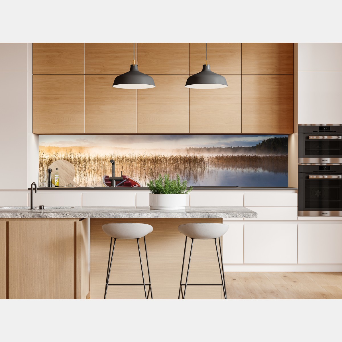 Naklejka repozycjonowalna mglisty poranek nad jeziorem z czerwoną łódką – Wallissimo® Naklejka repozycjonowalna mglisty poranek nad jeziorem z czerwoną łódką – Wallissimo®