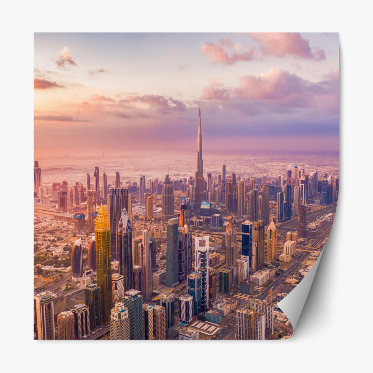 Repositionable sticker sunset skyline over Dubai with Burj Khalifa