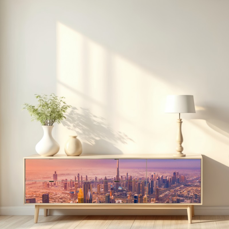 Naklejka repozycjonowalna zachód słońca nad panoramą Dubaju z Burj Khalifa – Wallissimo® Naklejka repozycjonowalna zachód słońca nad panoramą Dubaju z Burj Khalifa – Wallissimo®