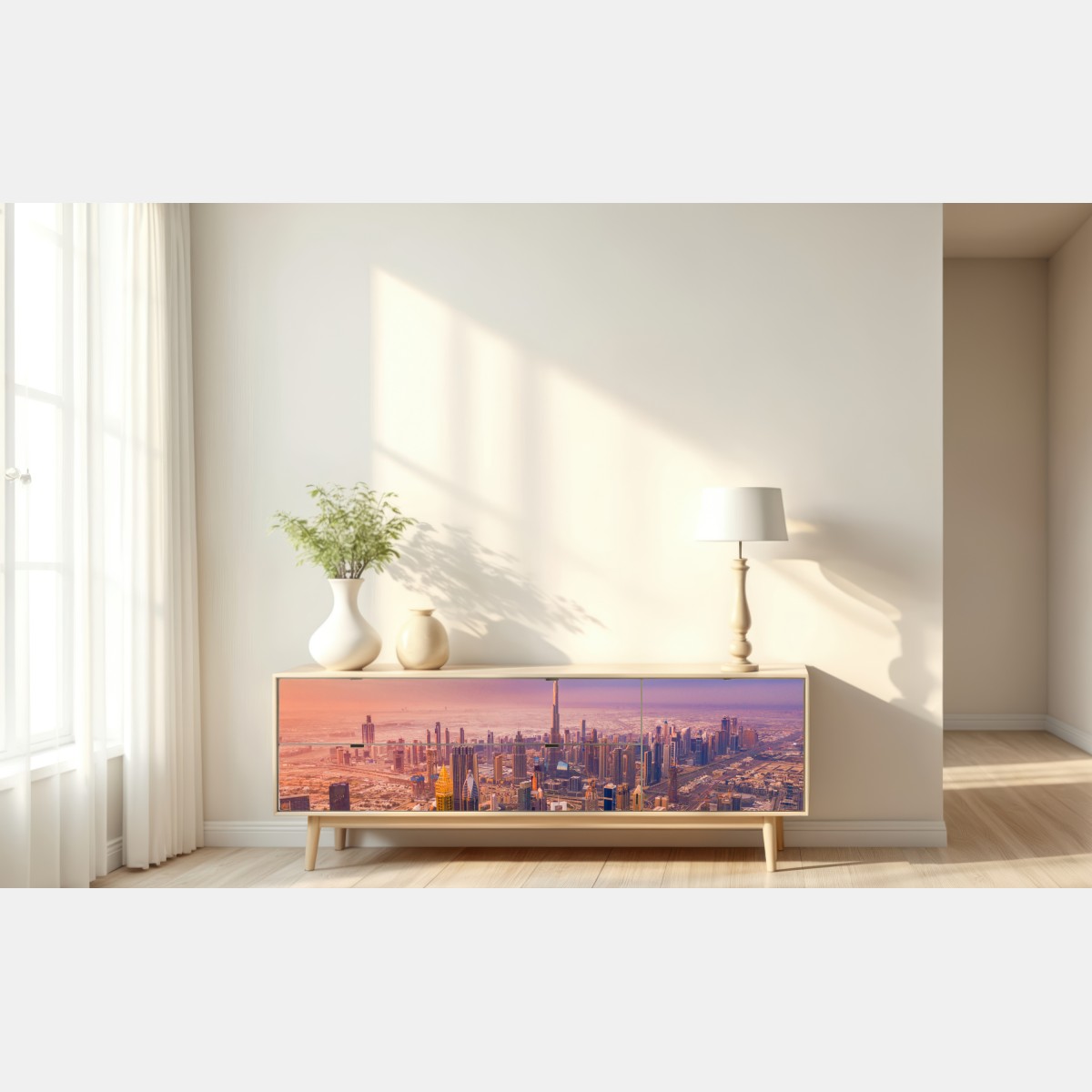 Naklejka repozycjonowalna zachód słońca nad panoramą Dubaju z Burj Khalifa – Wallissimo® Naklejka repozycjonowalna zachód słońca nad panoramą Dubaju z Burj Khalifa – Wallissimo®