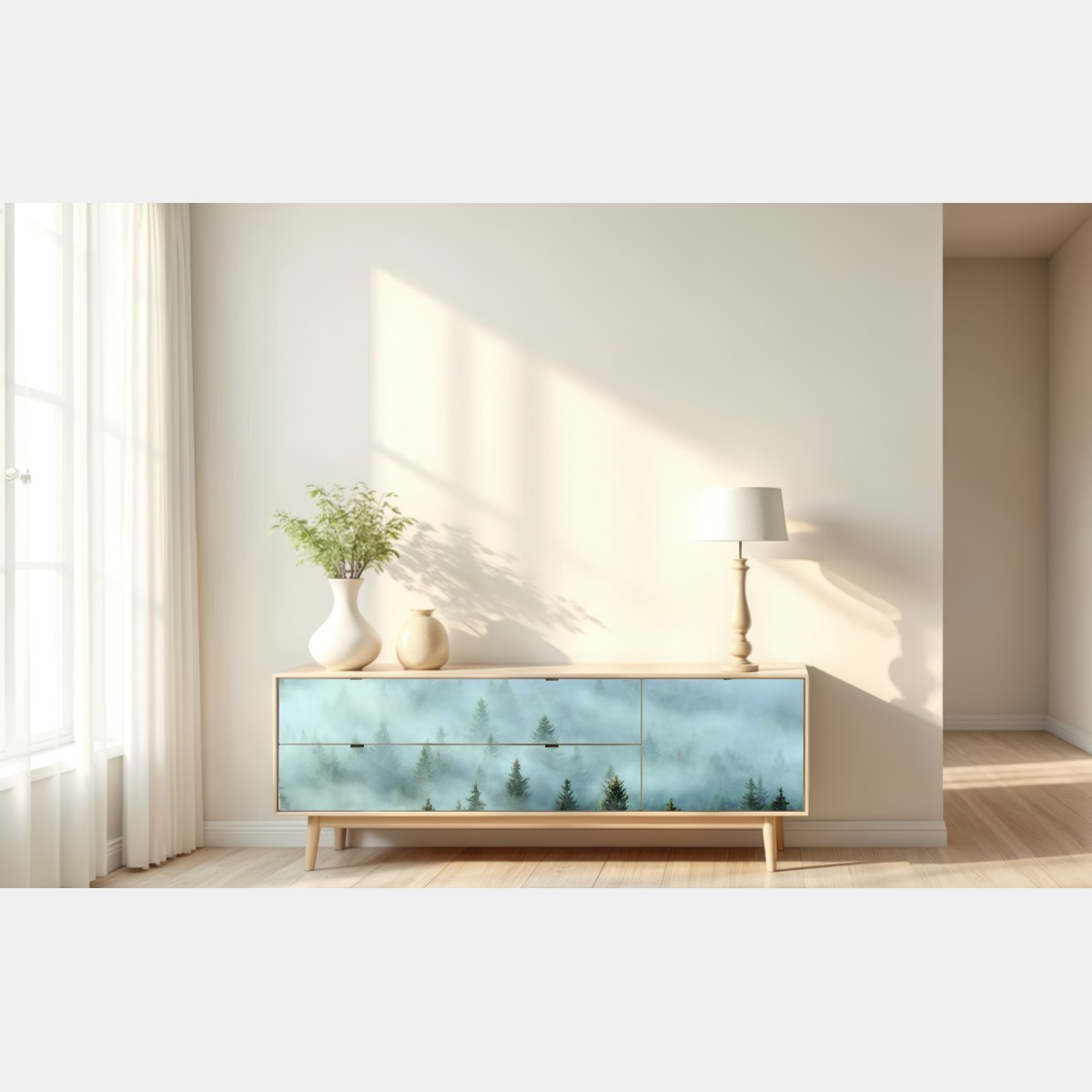 Naklejka repozycjonowalna mglisty las jodłowy o poranku – Wallissimo® Naklejka repozycjonowalna mglisty las jodłowy o poranku – Wallissimo®