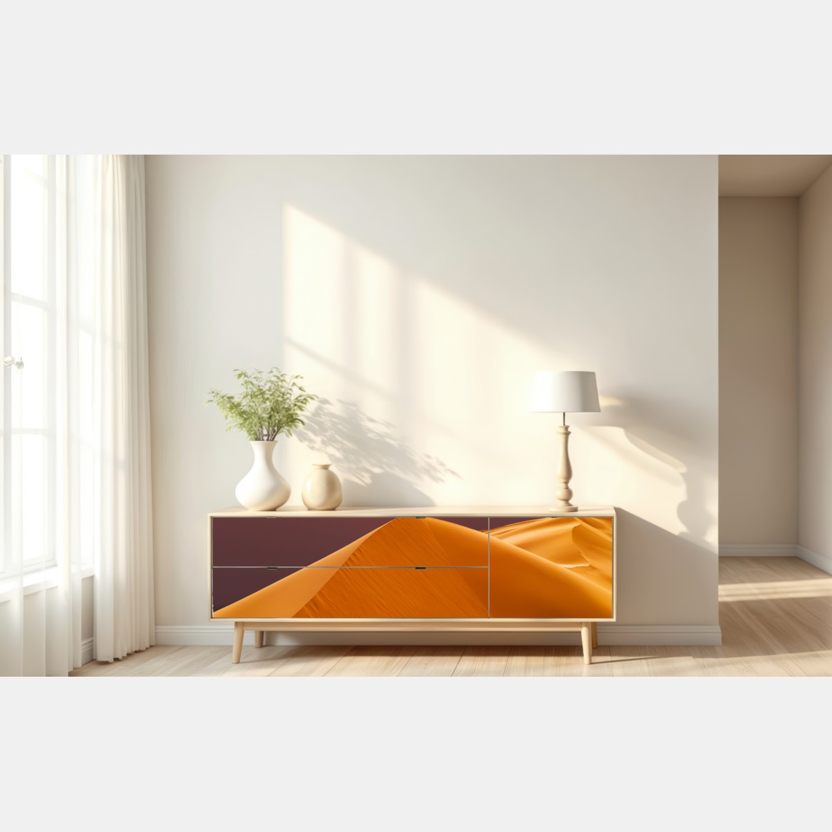 Naklejka repozycjonowalna złoty zachód słońca nad wydmami pustyni – Wallissimo® Naklejka repozycjonowalna złoty zachód słońca nad wydmami pustyni – Wallissimo®