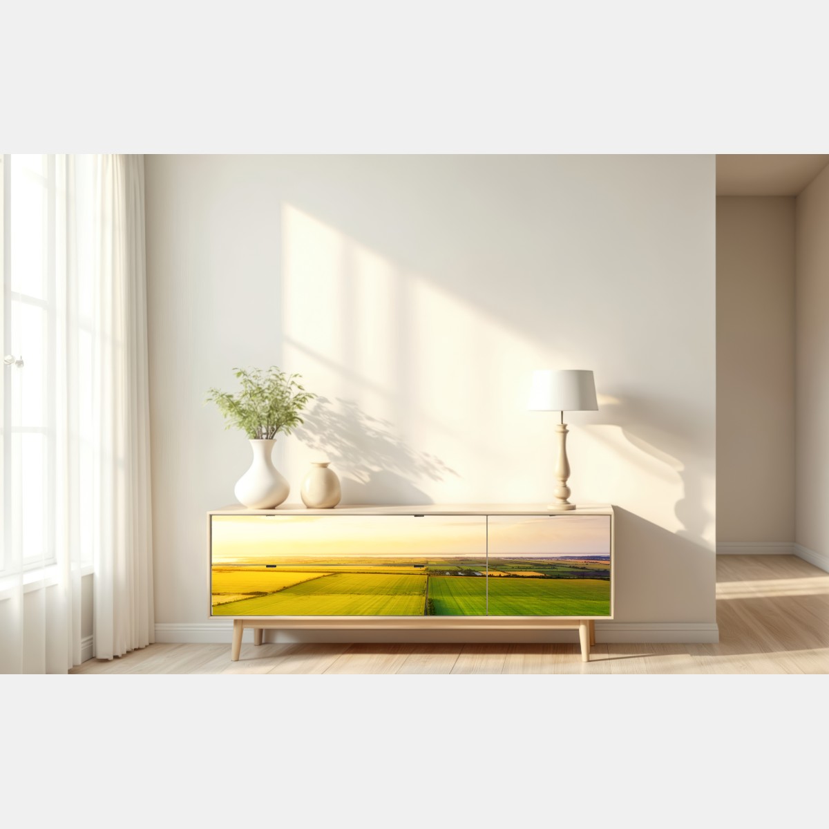 Naklejka repozycjonowalna zachód słońca nad zielonymi polami – Wallissimo® Naklejka repozycjonowalna zachód słońca nad zielonymi polami – Wallissimo®