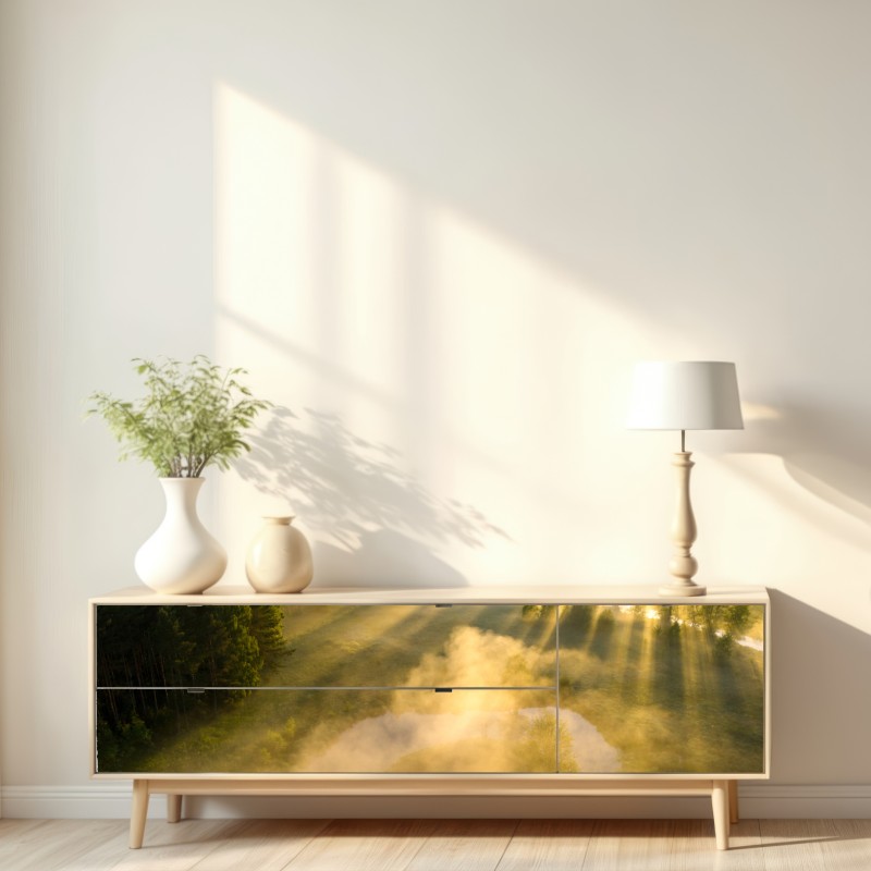 Naklejka repozycjonowalna złote poranne światło nad mglistą rzeką – Wallissimo® Naklejka repozycjonowalna złote poranne światło nad mglistą rzeką – Wallissimo®