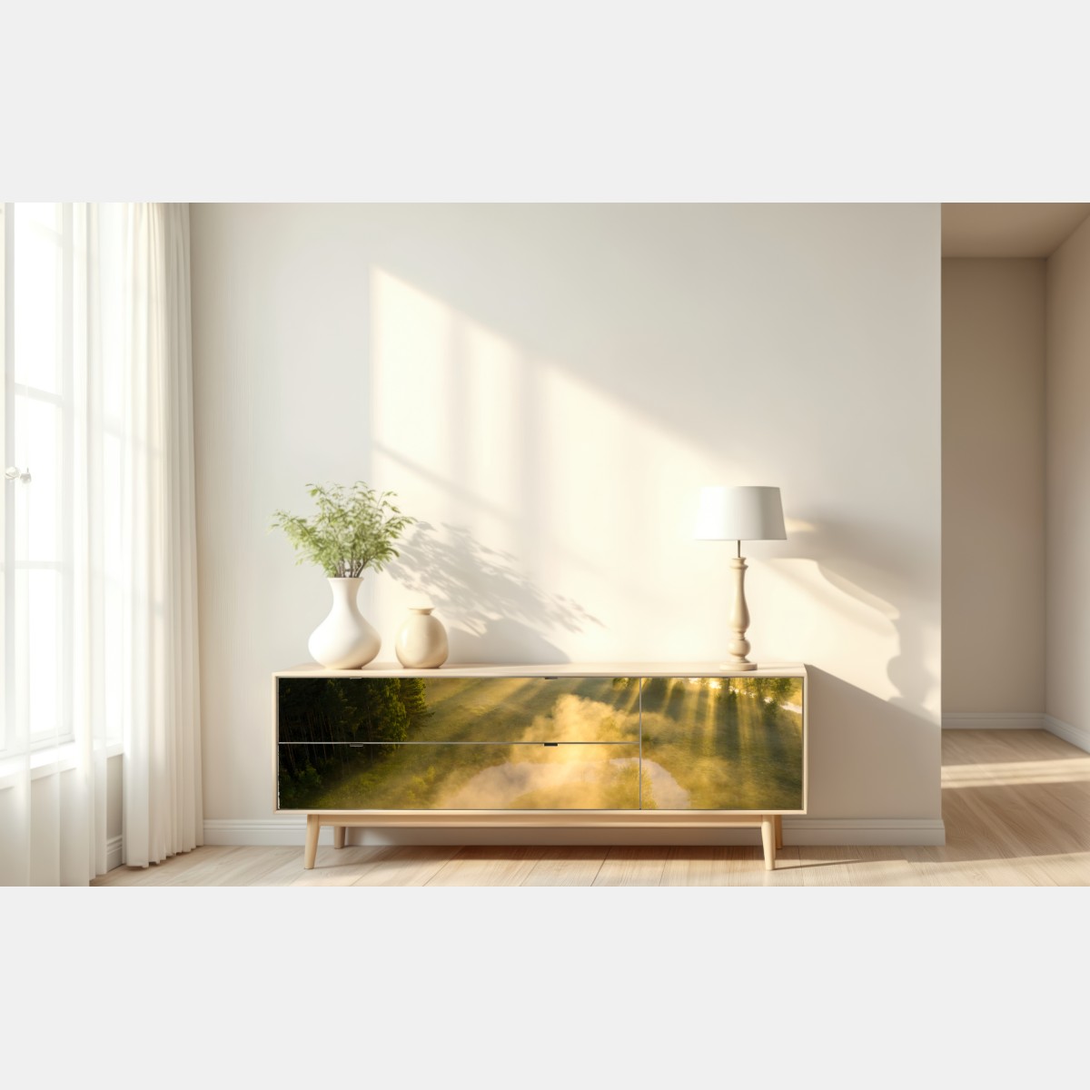 Naklejka repozycjonowalna złote poranne światło nad mglistą rzeką – Wallissimo® Naklejka repozycjonowalna złote poranne światło nad mglistą rzeką – Wallissimo®