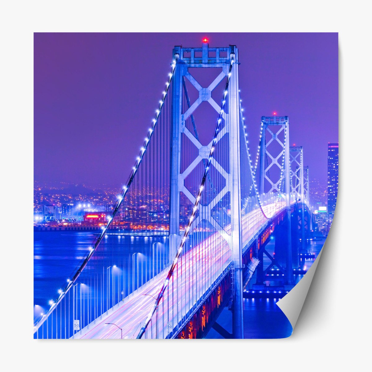 Repositionable sticker illuminated suspension bridge and city skyline at night