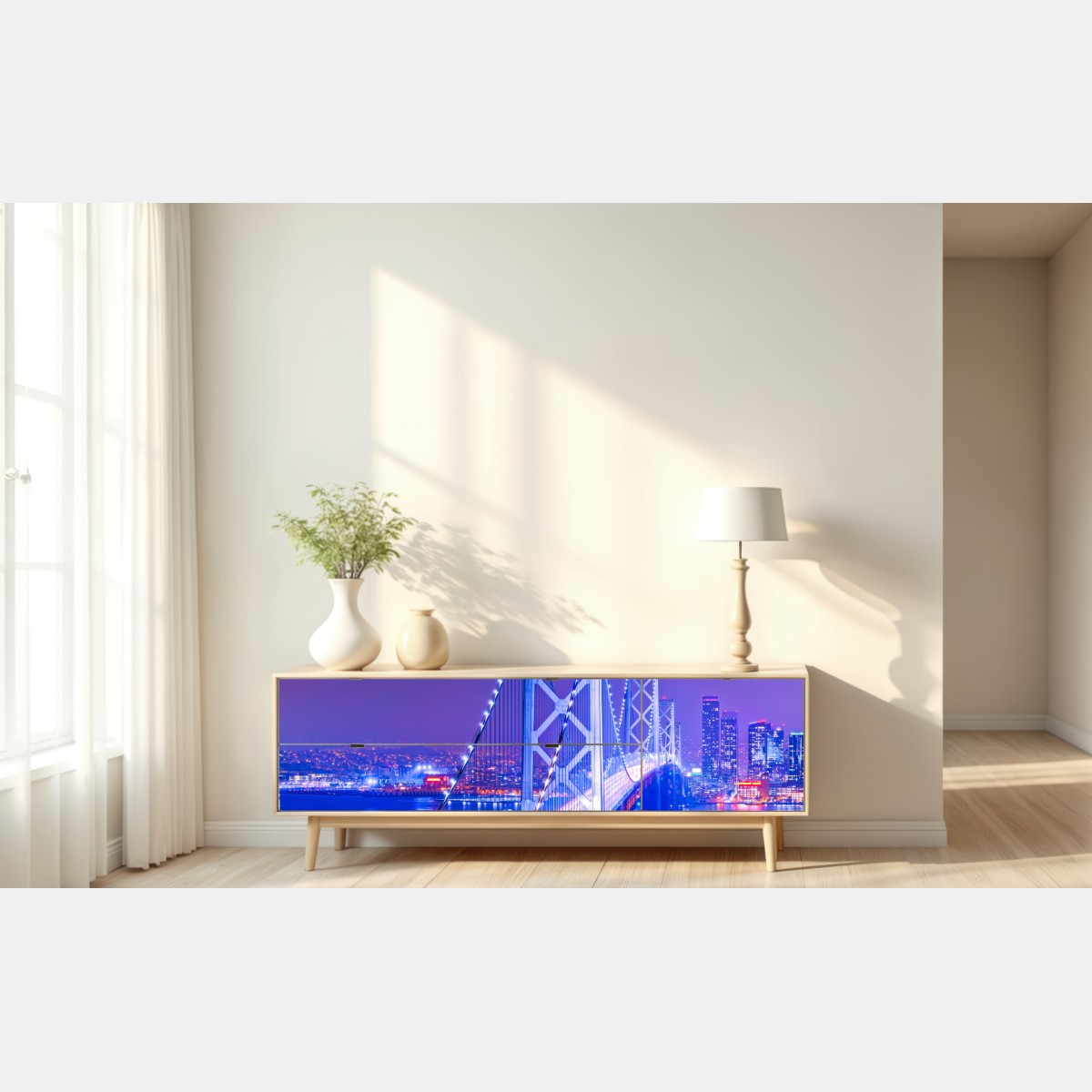 Naklejka repozycjonowalna oświetlony most wiszący i panorama miasta nocą – Wallissimo® Naklejka repozycjonowalna oświetlony most wiszący i panorama miasta nocą – Wallissimo®