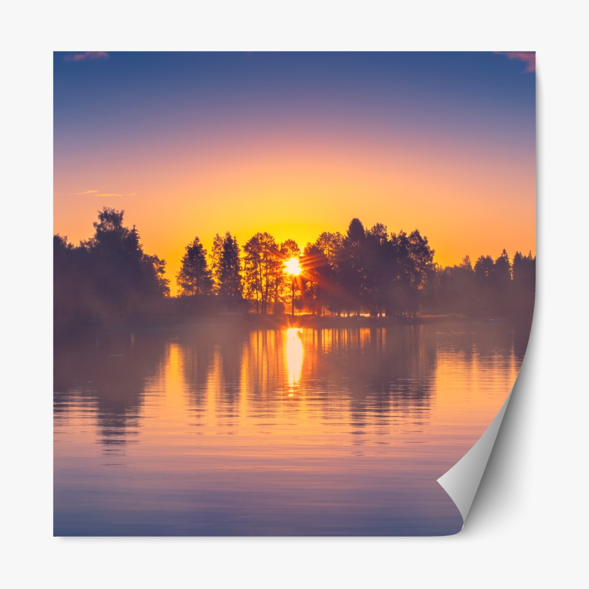Repositionable sticker misty lakeside sunset reflections