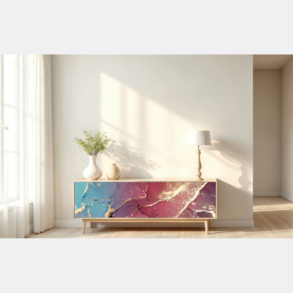 Naklejka repozycjonowalna abstrakcyjne marmurowe tło w odcieniach turkusu i fioletu ze złotem – Wallissimo® Naklejka repozycjonowalna abstrakcyjne marmurowe tło w odcieniach turkusu i fioletu ze złotem – Wallissimo®