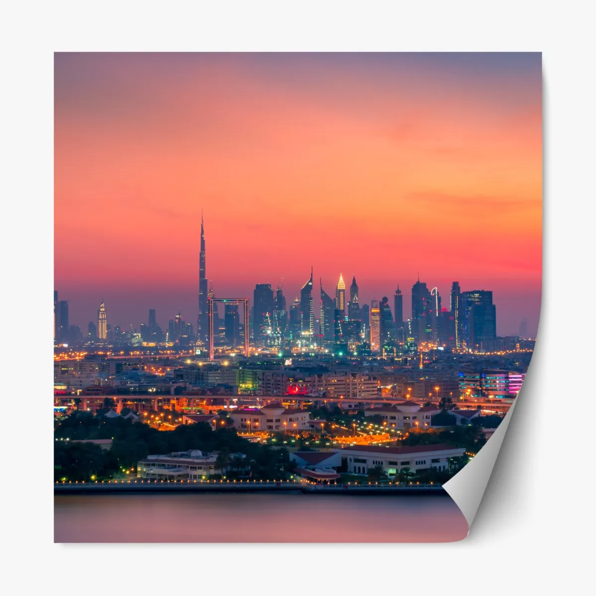 Naklejka repozycjonowalna panorama Dubaju o zachodzie słońca – Wallissimo® Naklejka repozycjonowalna panorama Dubaju o zachodzie słońca – Wallissimo®